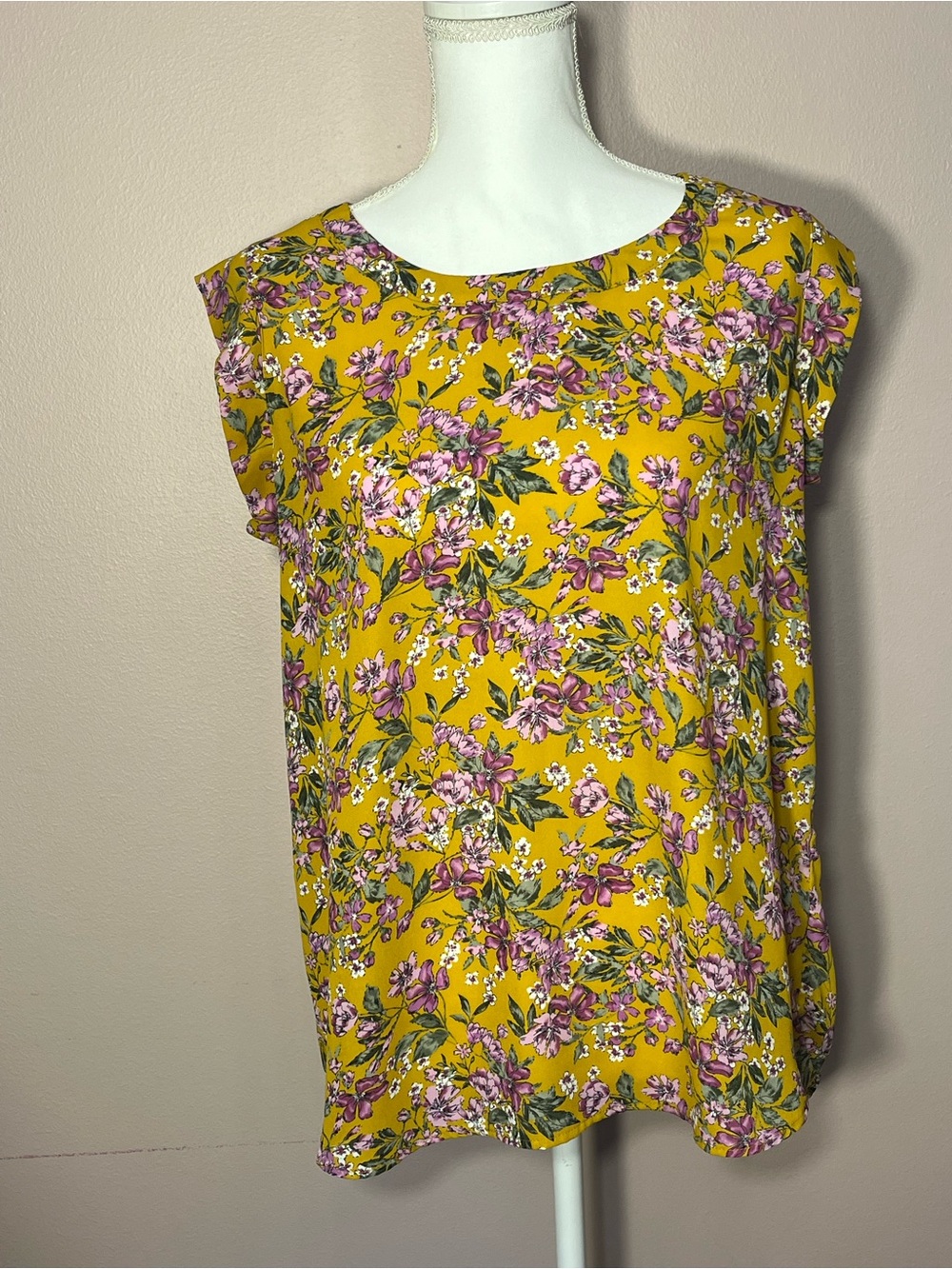 Pleione Mustard and Purple Floral Cap-Sleeve Blouse